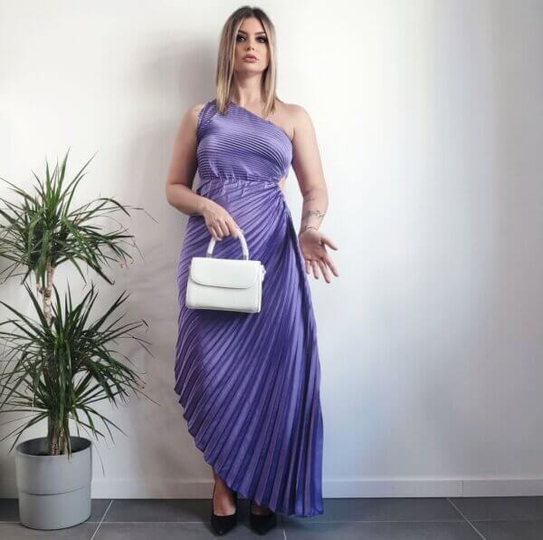 meraki online shop abito lungo monospalla lilla viola ottanio plisse cutout elegante viola