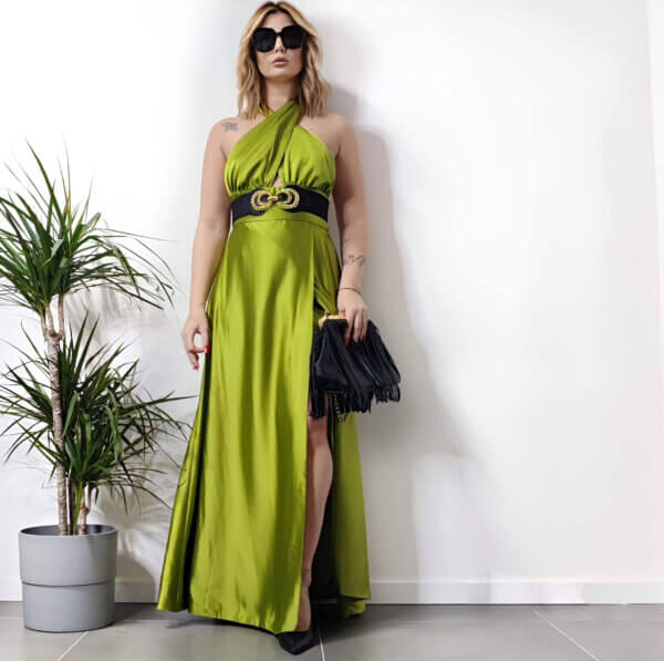 meraki online shop abito lungo verde elegante spacco fronte 1
